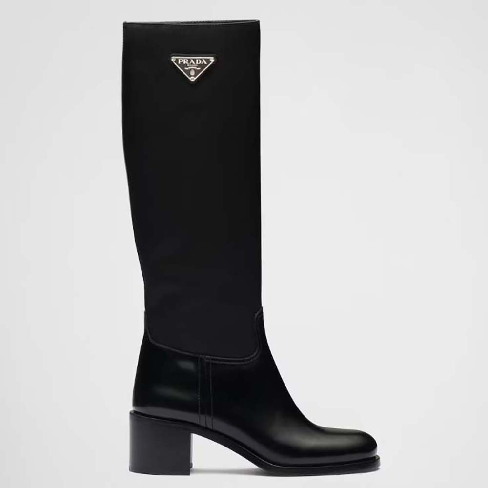 Side view of Prada Women Brushed Leather and Nylon Boots-Black showing silhouette