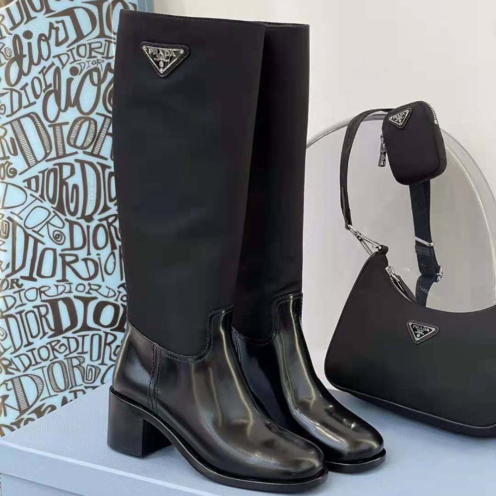 Top view of lace-up detail on Prada Women Brushed Leather and Nylon Boots
