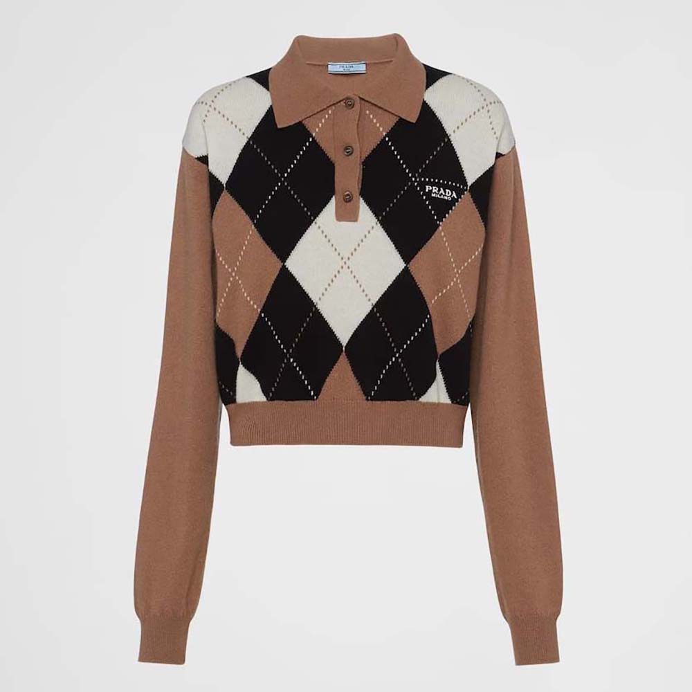 Front view of Prada Women Cashmere Polo Shirt in brown