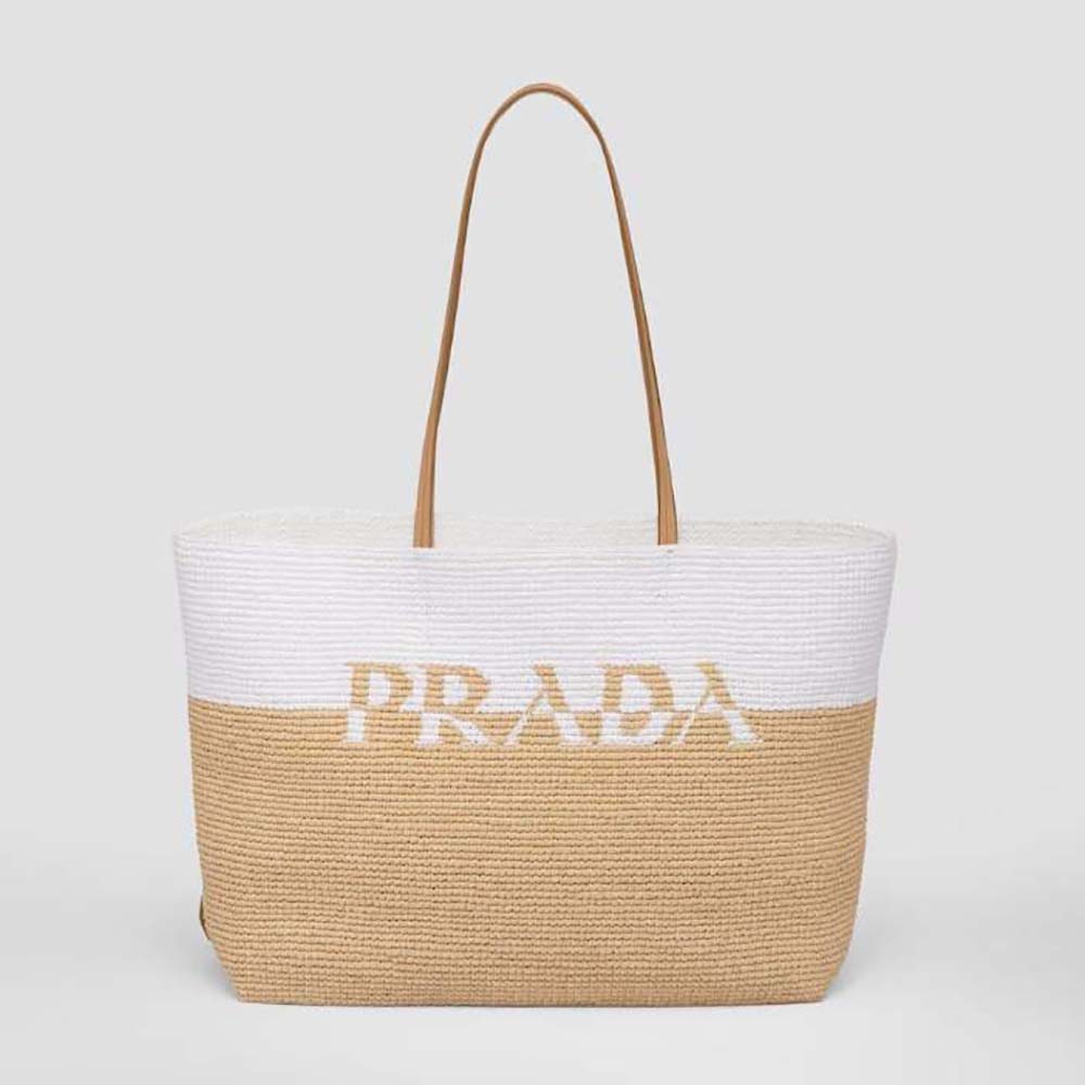 Front view of Prada Women Crochet and Leather Tote Bag in beige