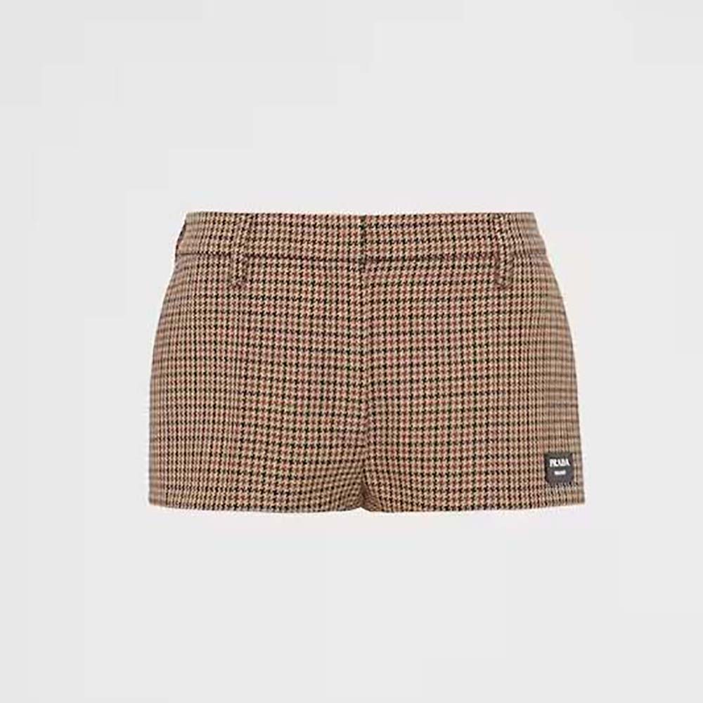 Front view of Prada Women Houndstooth Check Shorts in brown wool blend
