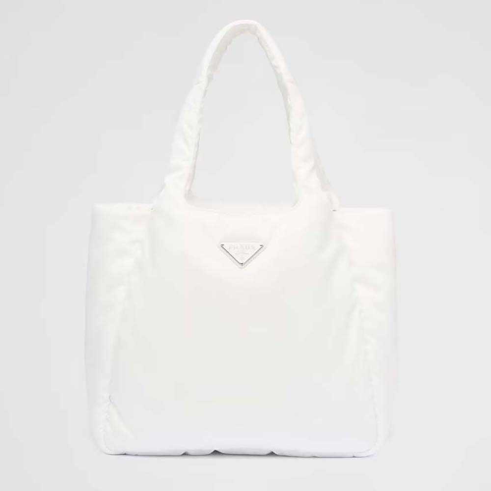 Front view of Prada Women Large Padded Re-Nylon Tote Bag-White with zip closure
