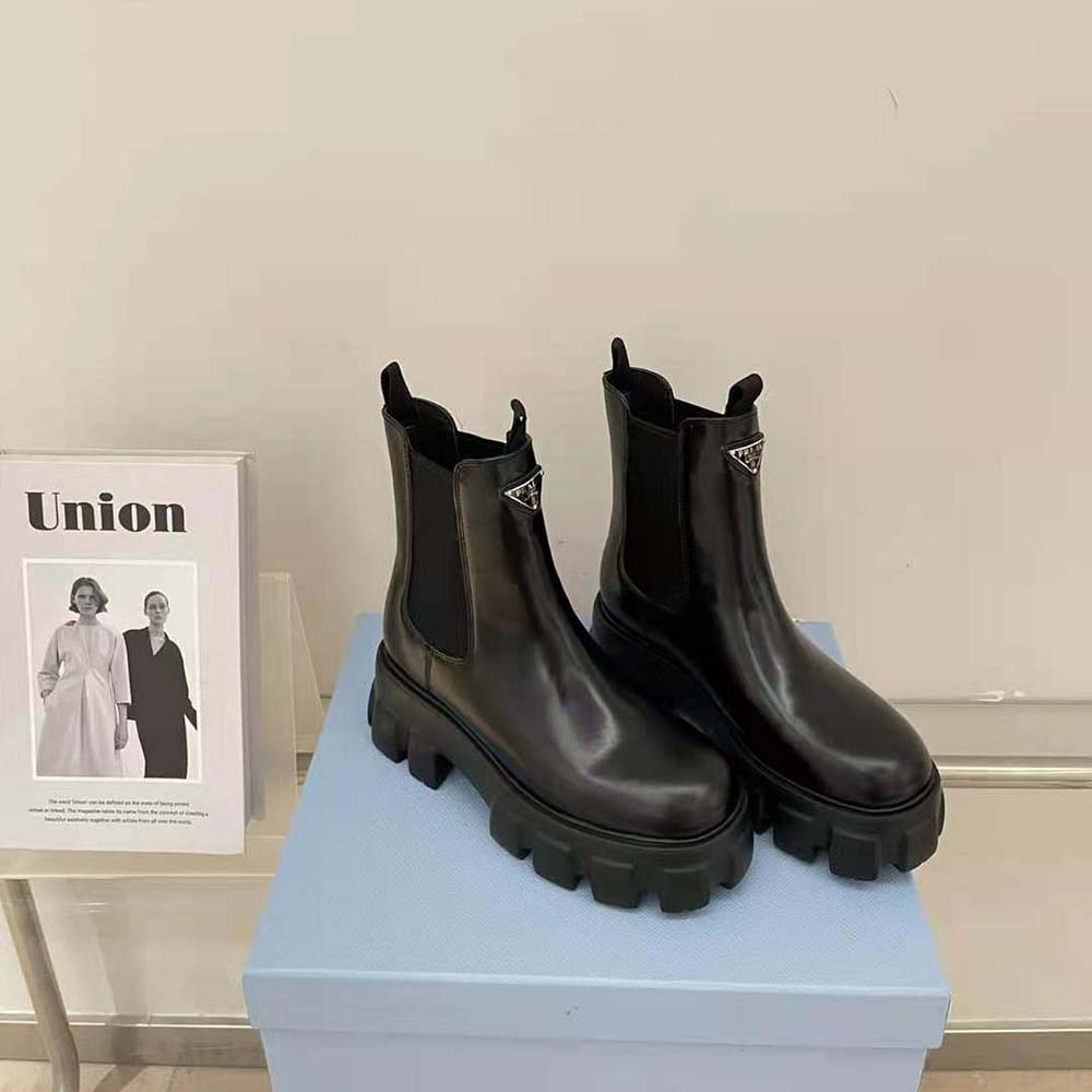 Top angle of Prada Women Monolith Brushed Leather Booties-Black slip-on design