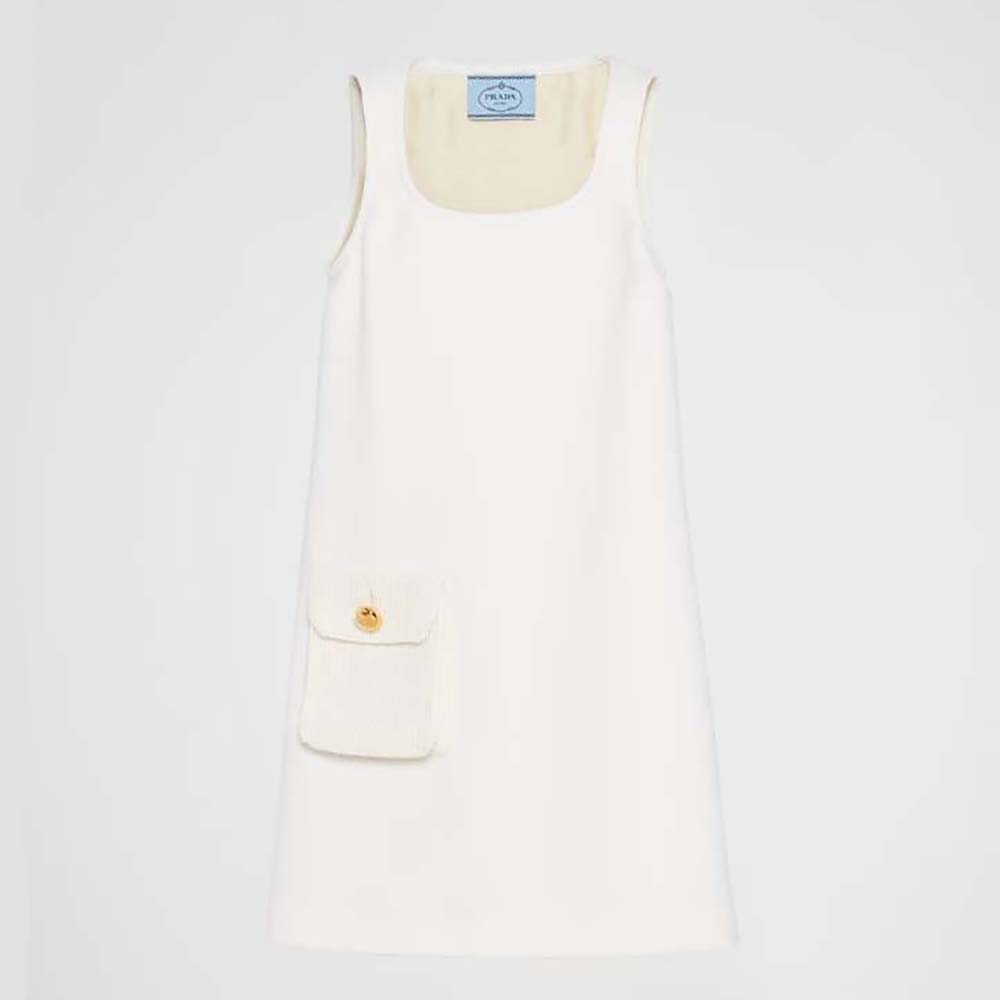 Front view of Prada Women Natté Minidress With Leather Logo Label-White