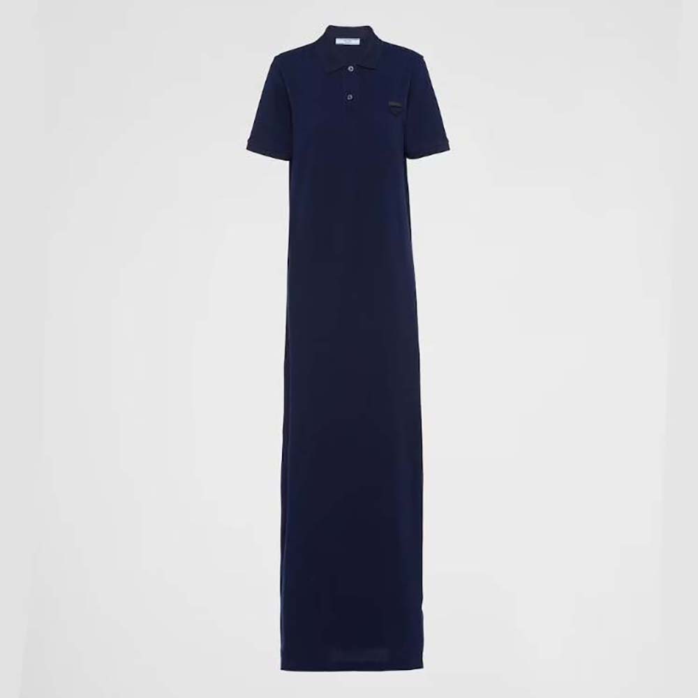 Front view of Prada Women Piqué Midi-dress with Fabric Triangle Logo-Navy