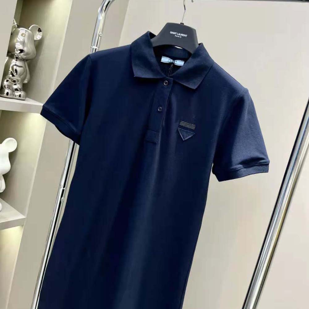 Prada Women Piqué Midi-dress with Fabric Triangle Logo-Navy - image 4