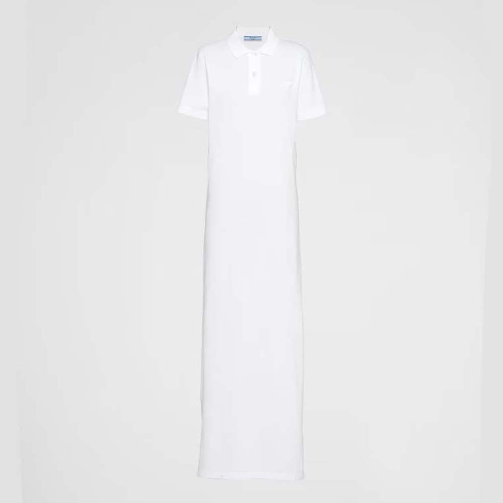 Front view of Prada Women Piqué Midi-dress with Fabric Triangle Logo-White
