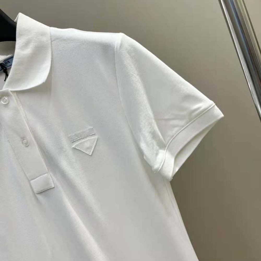Prada Women Piqué Midi-dress with Fabric Triangle Logo-White - image 7