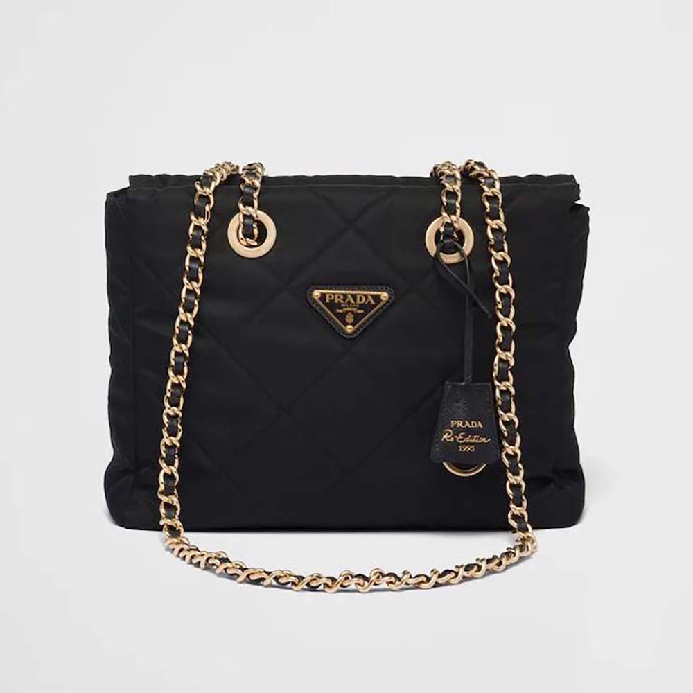 Front view of Prada Women Re-Edition 1995 Chaîne Re-Nylon Tote Bag-Black showing chain detail