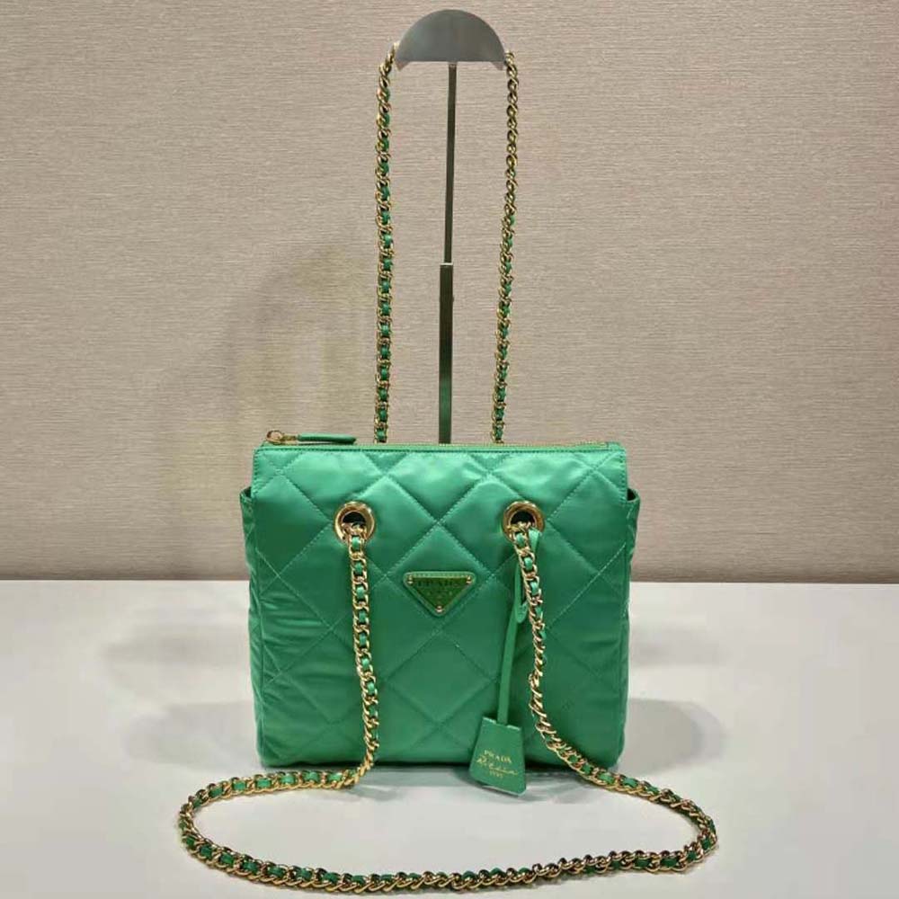 Close-up on silver-tone Chaîne chain detail on Prada Green Tote Bag