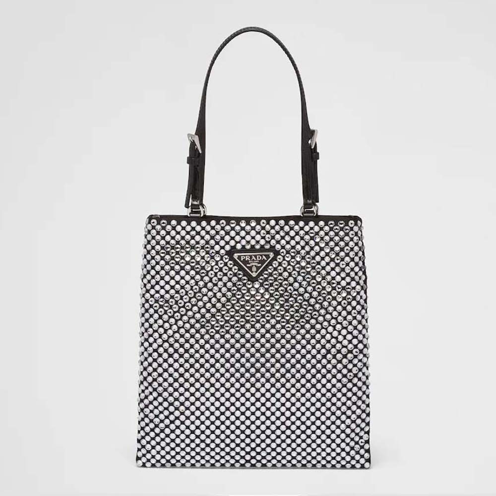 Front view of Prada Women Satin Handbag with Crystals-Black