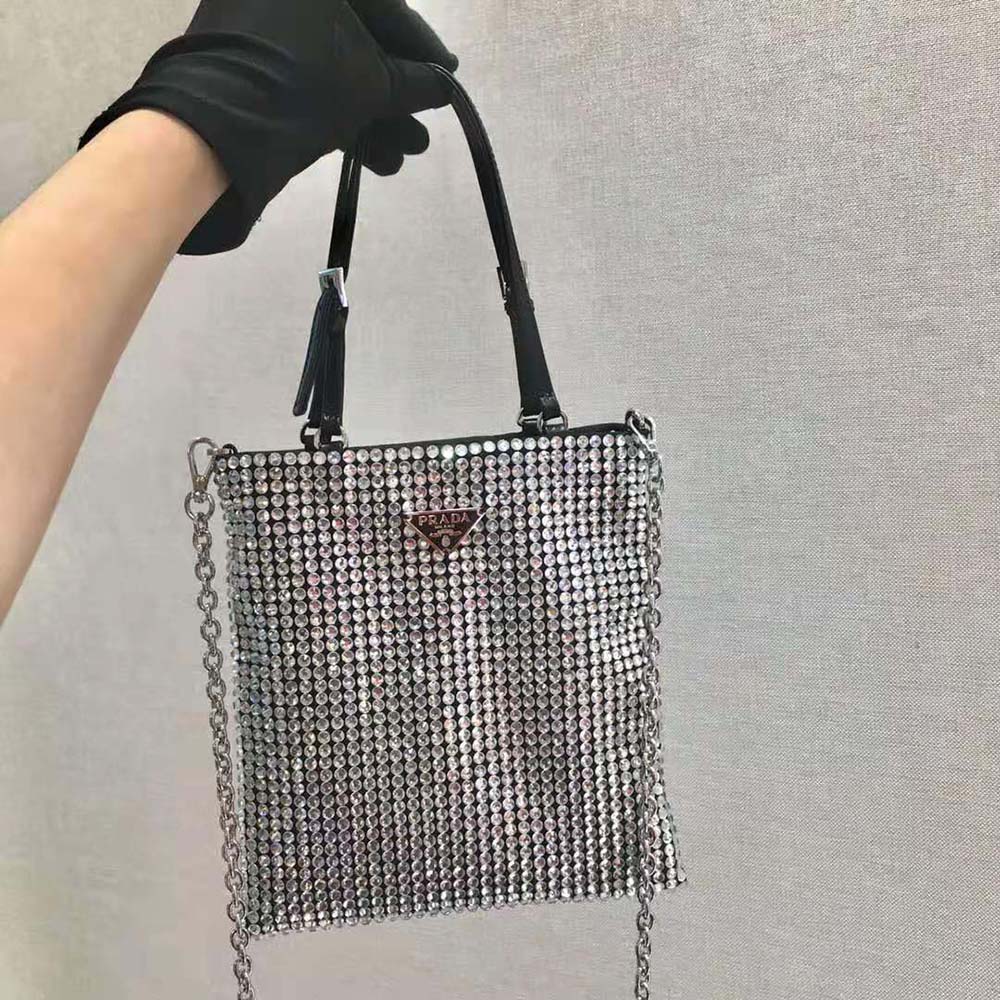 Close-up of crystal embellishments on Prada Women Satin Handbag