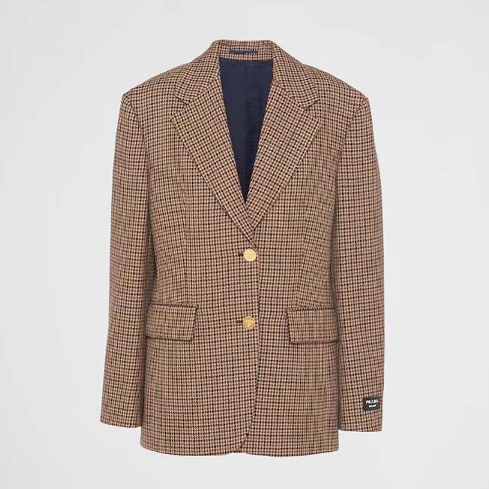 Front view of Prada Women Single-breasted Houndstooth Check Jacket in brown