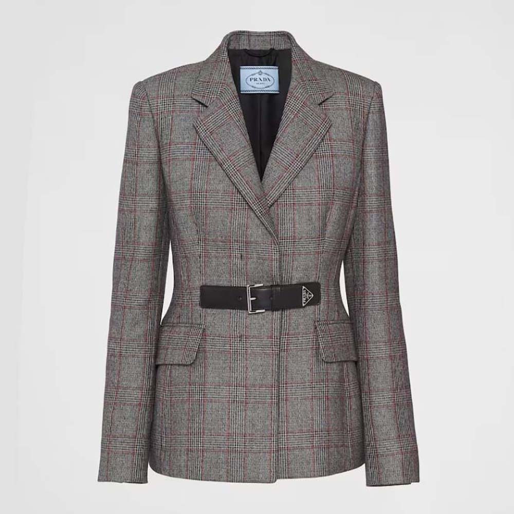 Front view of Prada Women Single-breasted Prince of Wales Jacket in silver