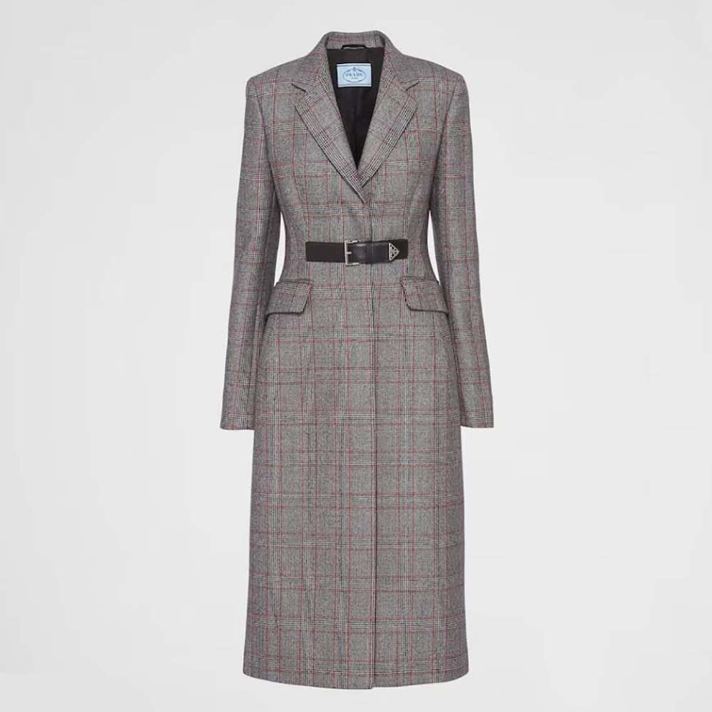 Front view of Prada Women Single-breasted Prince of Wales Mouliné Coat in silver