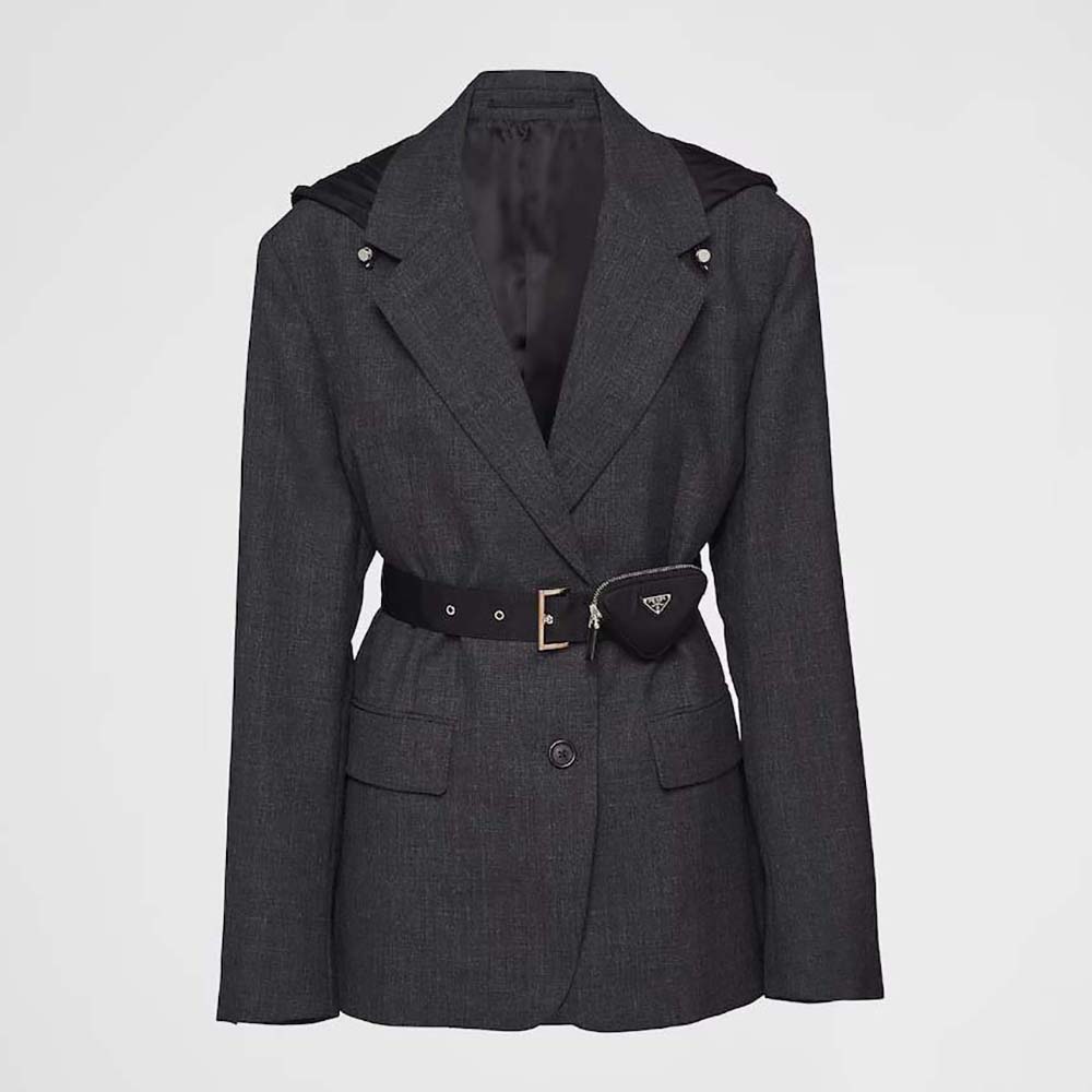 Front view of Prada Women Single-breasted Wool and Re-Nylon Jacket-Black
