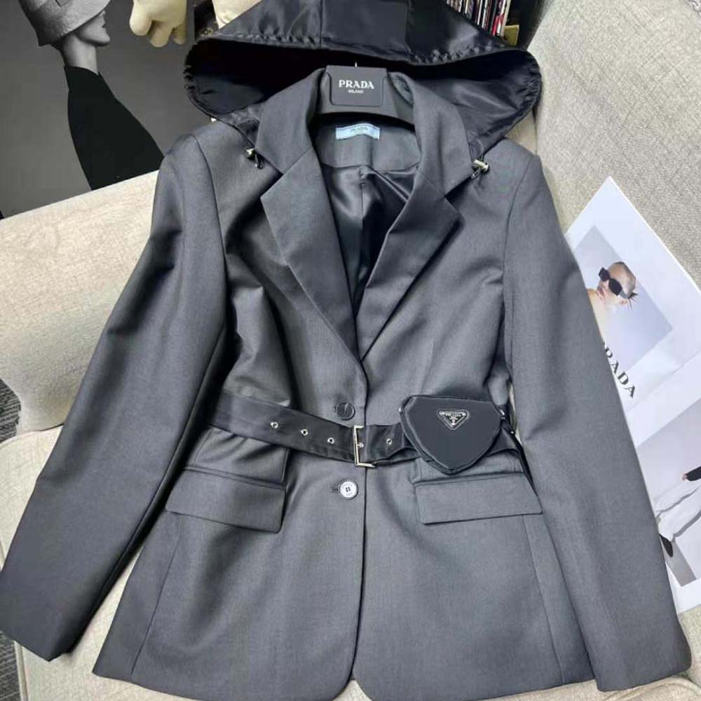 Side angle showing tailored fit of Prada Women Single-breasted Wool and Re-Nylon Jacket-Black