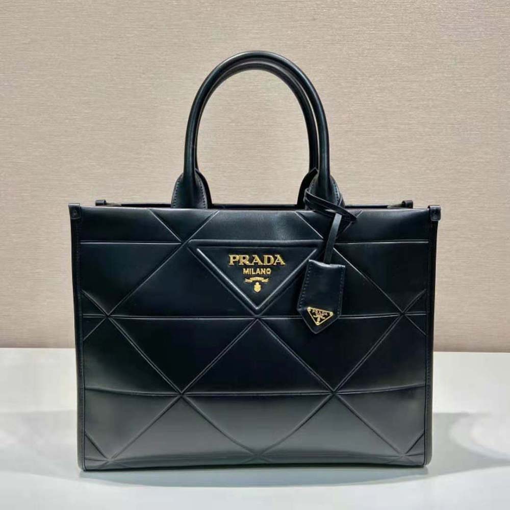 Close-up of silver-tone hardware and topstitch detail on Prada Symbole Bag