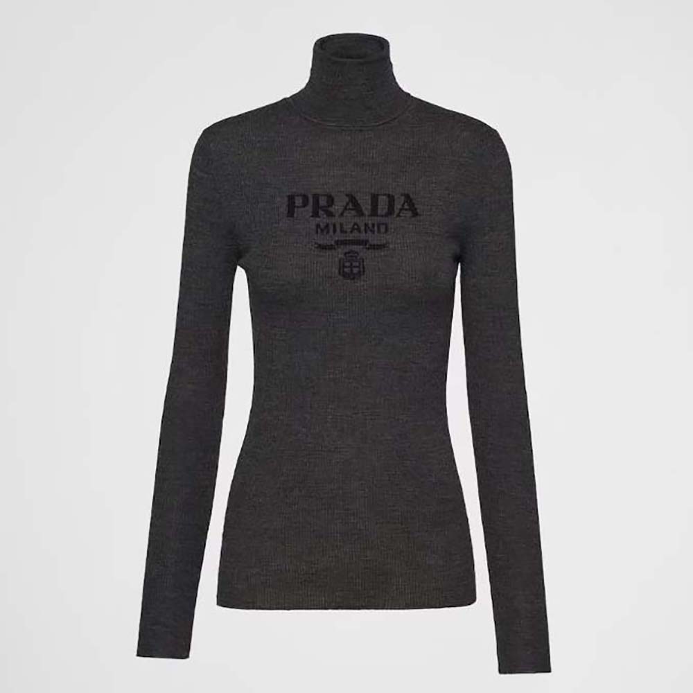 Front view of Prada Women Superfine Wool Turtleneck Sweater-Black