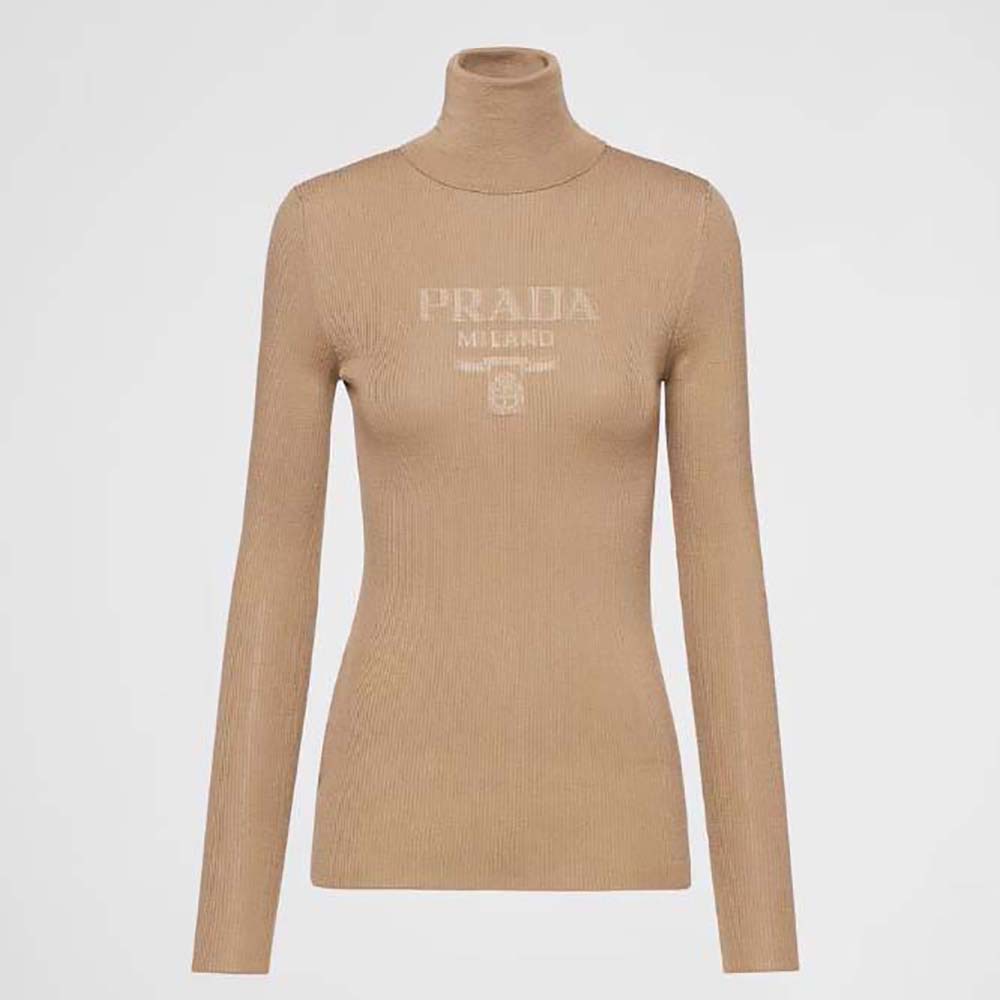 Front view of Prada Women Superfine Wool Turtleneck Sweater-Brown