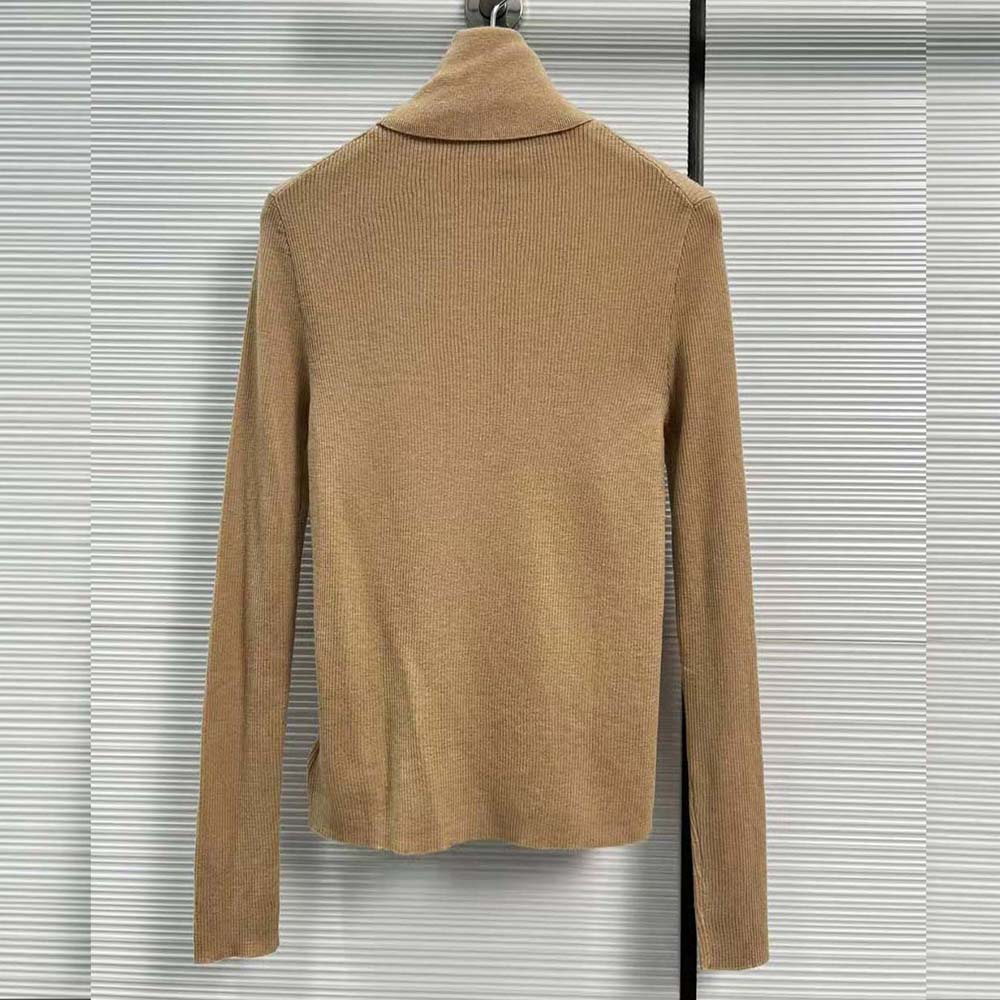 Side angle highlighting slim fit and turtleneck on Prada Women Superfine Wool Turtleneck Sweater-Brown