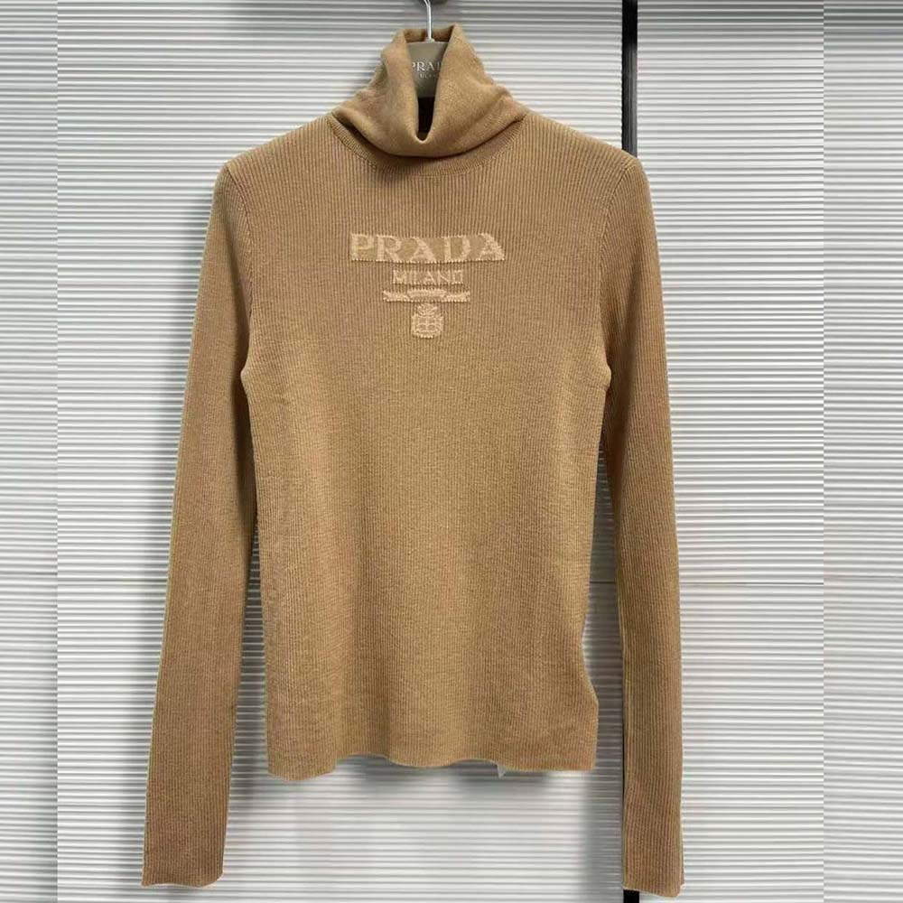 Close-up of brown wool texture on Prada Women Superfine Wool Turtleneck Sweater-Brown