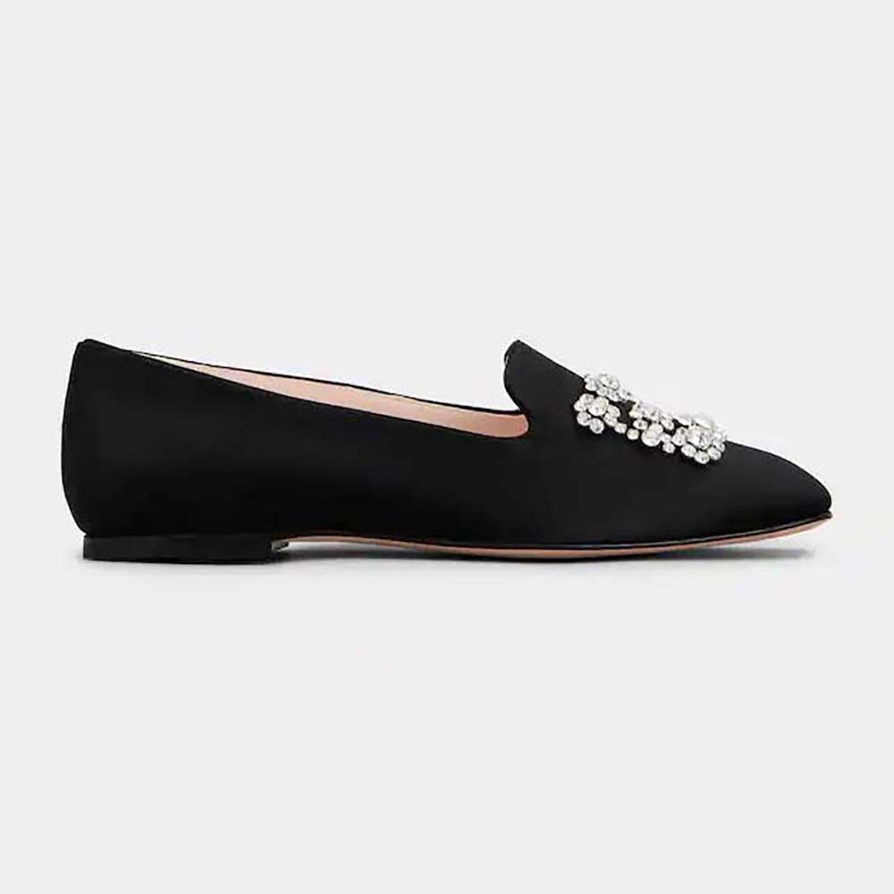 Side angle of Roger Vivier Women Flower Strass Embroidered Buckle Loafers in Satin