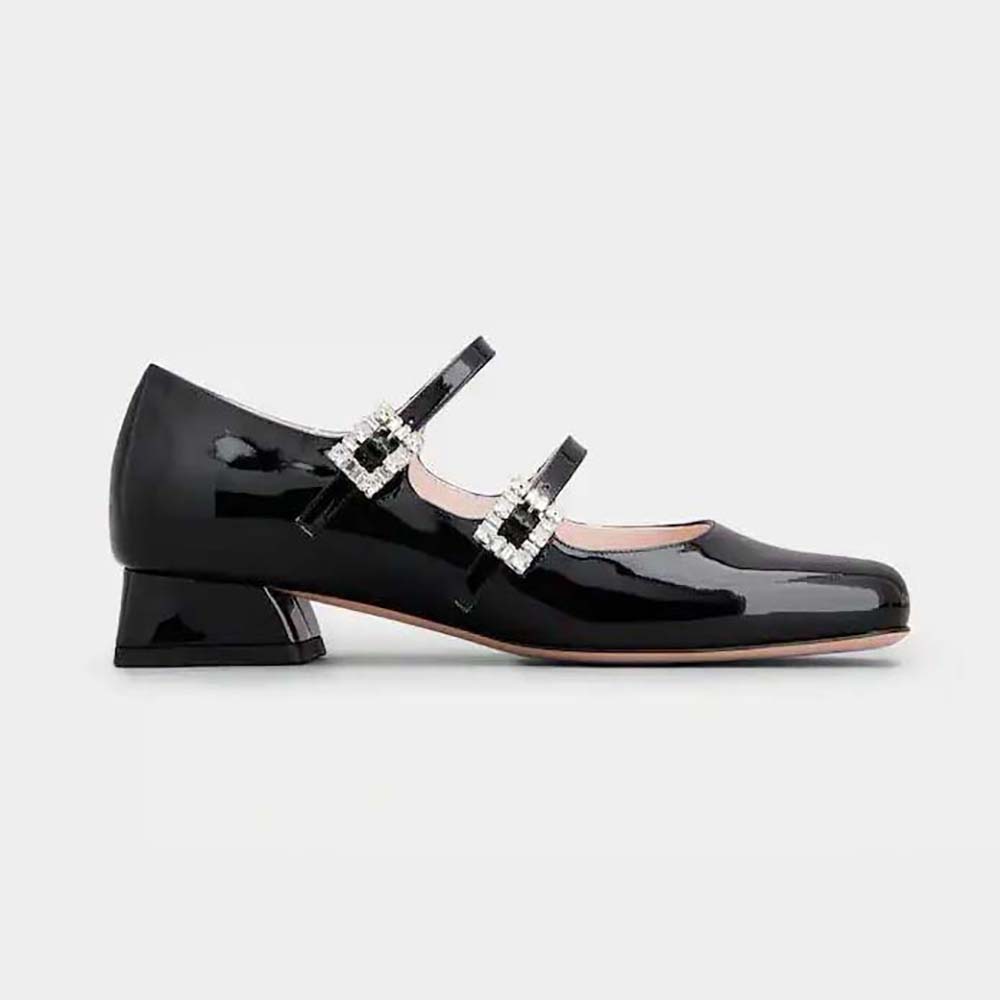 Side view of Roger Vivier Women Trés Vivier Strass Buckle Mini Babies Ballerinas in black patent leather