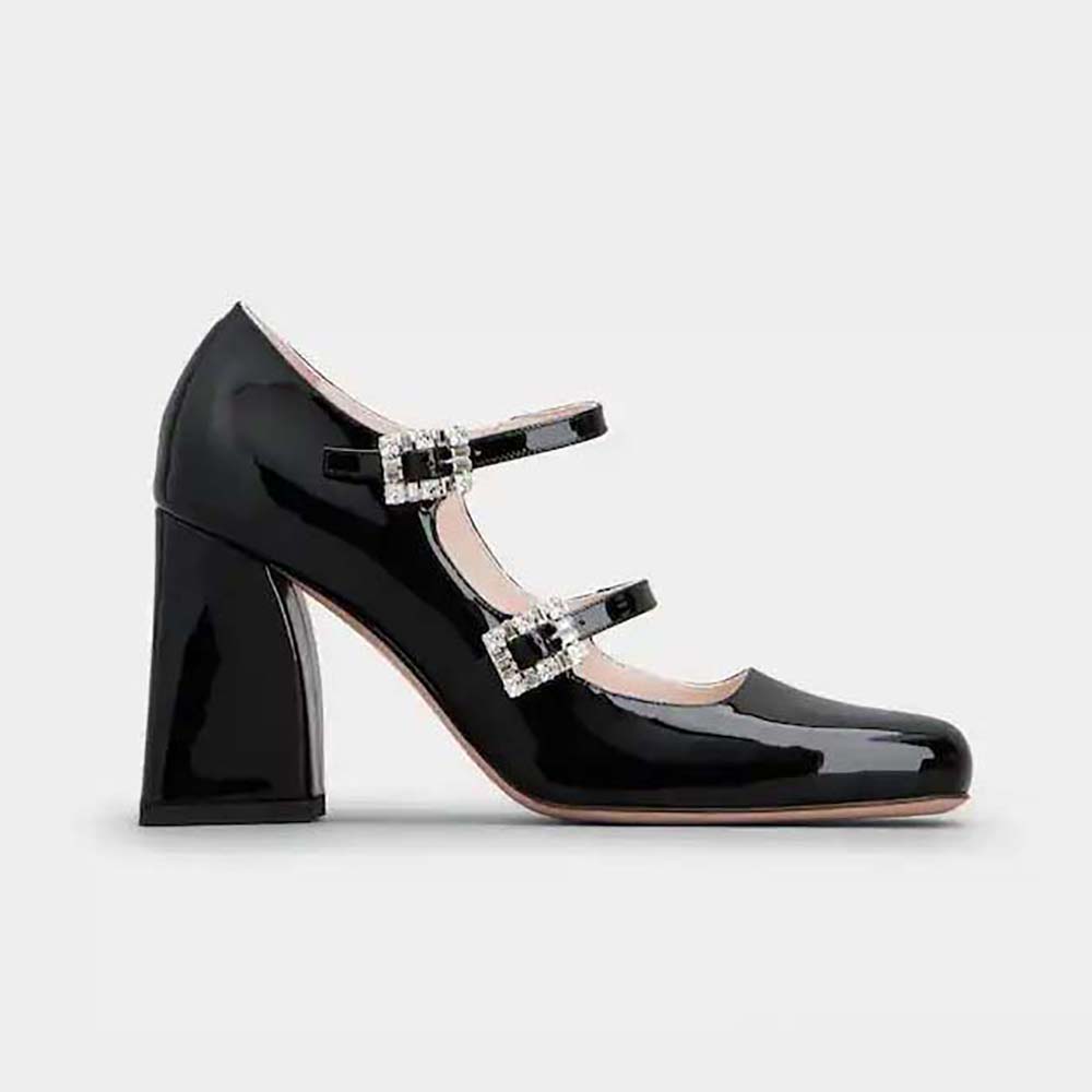 Side profile of Roger Vivier Trés Vivier Strass Buckle Mini Babies Pumps in black patent