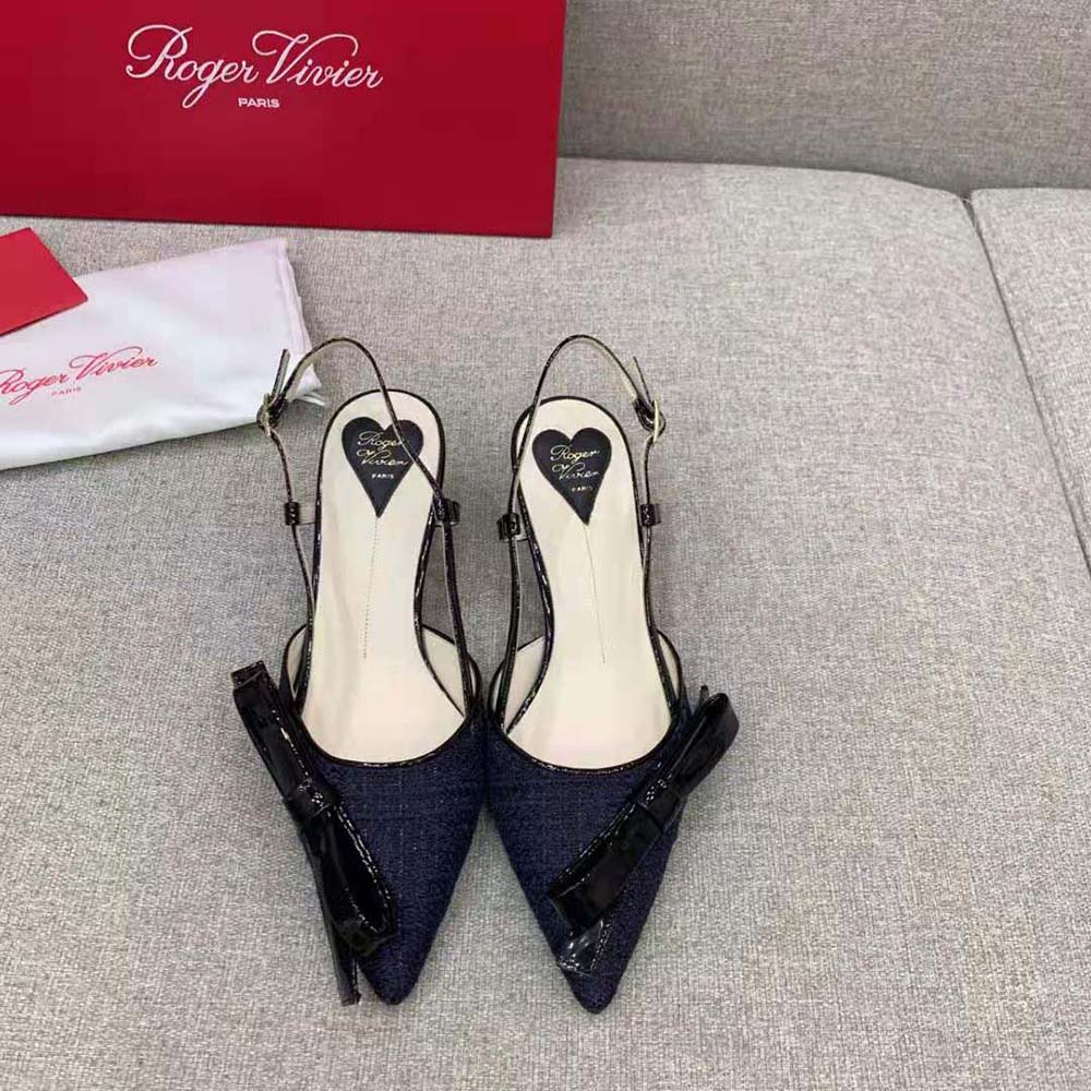 Close-up of signature Virgule bow detail on Roger Vivier slingbacks