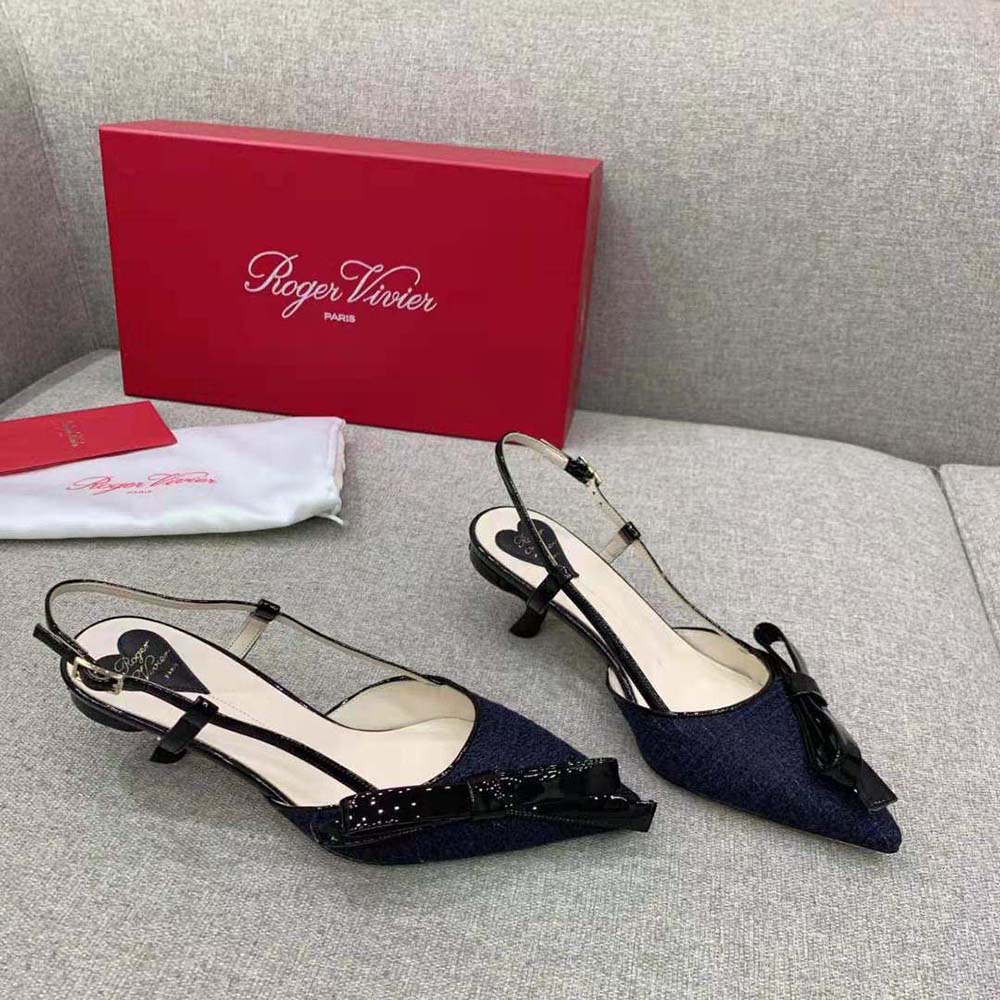 Top view showing fabric texture and slingback strap of Roger Vivier pumps