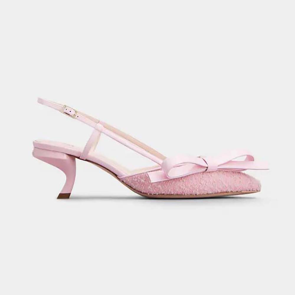 Side view of Roger Vivier Women Virgule Bow Slingback Pumps in Fabric-Pink