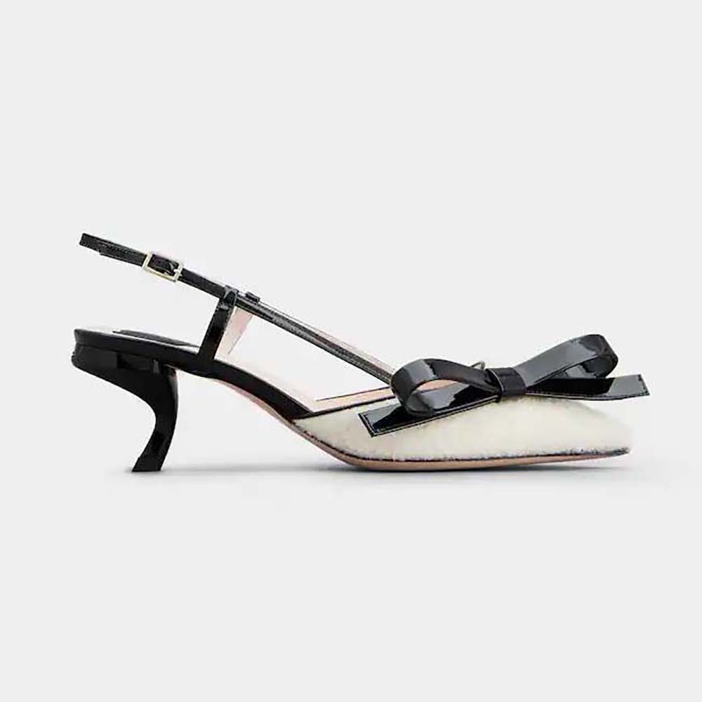 Side view of Roger Vivier Women Virgule Bow Slingback Pumps in Fabric-White