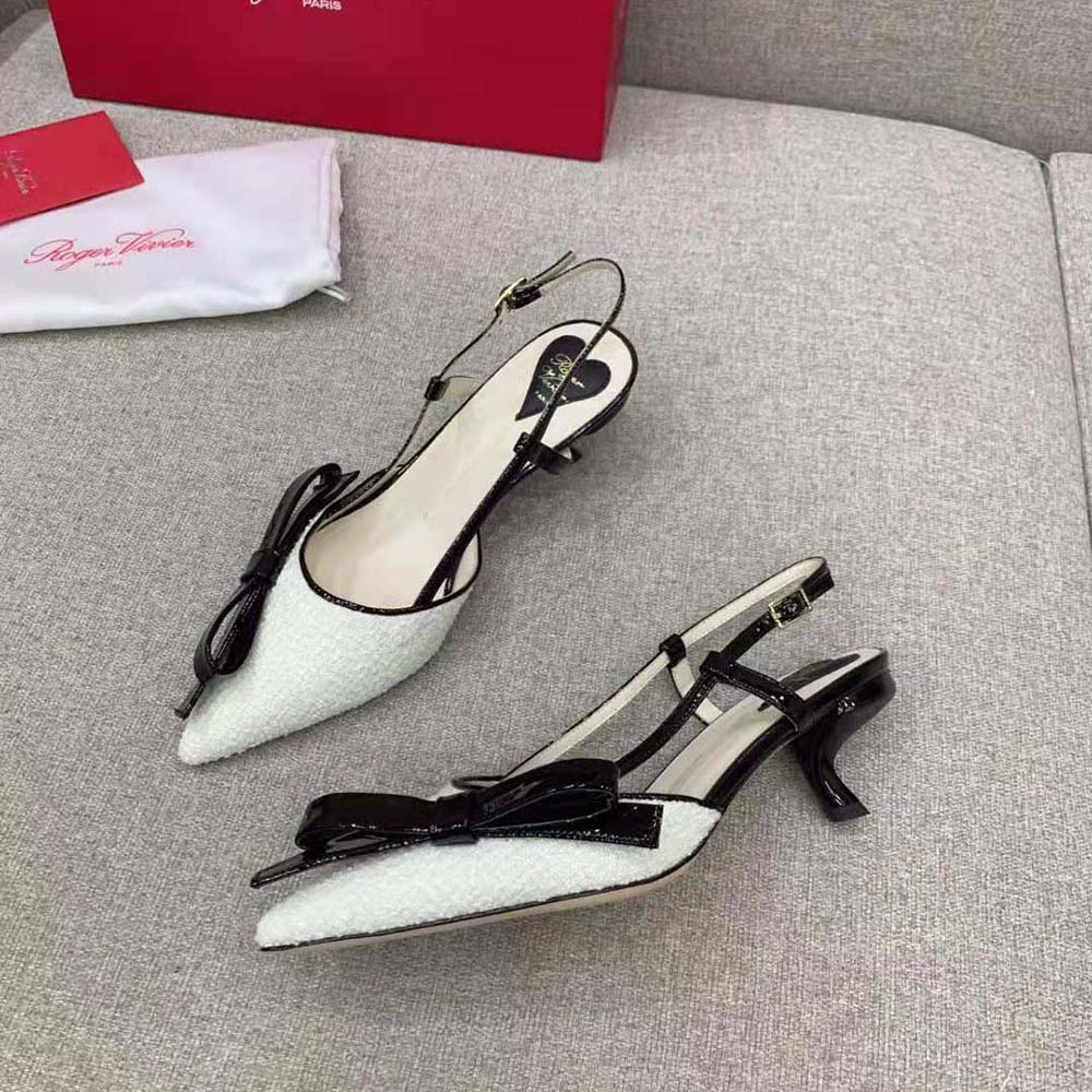 Roger Vivier Women Virgule Bow Slingback Pumps in Fabric-White - image 5