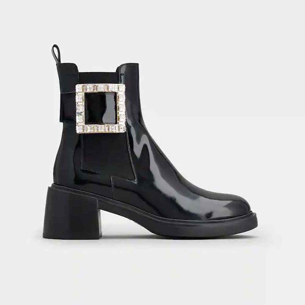 Side view of Roger Vivier Women Viv’ Rangers Patent Leather Chelsea Ankle Boots