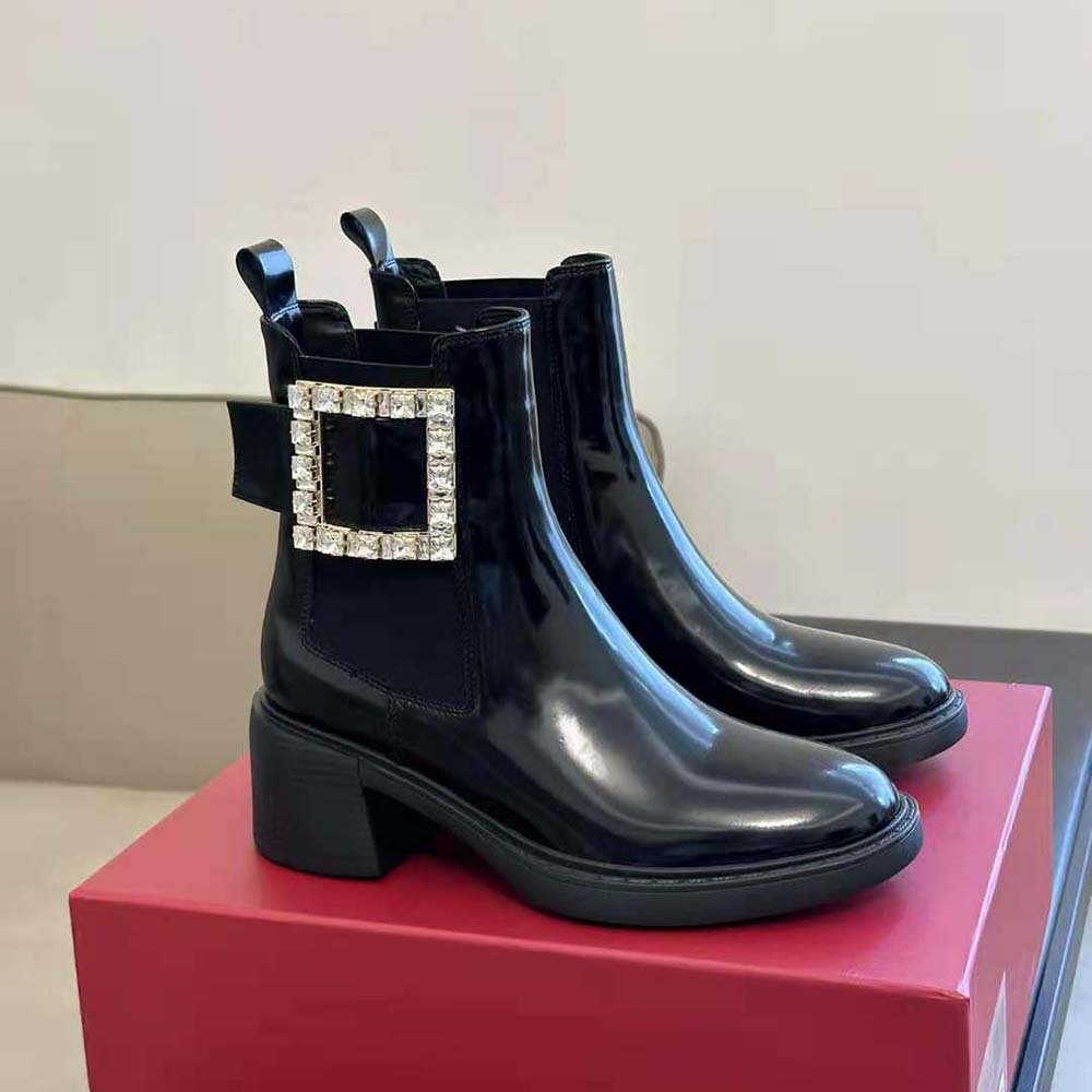 Close-up of crystal Strass buckle on Roger Vivier Viv’ Rangers boots