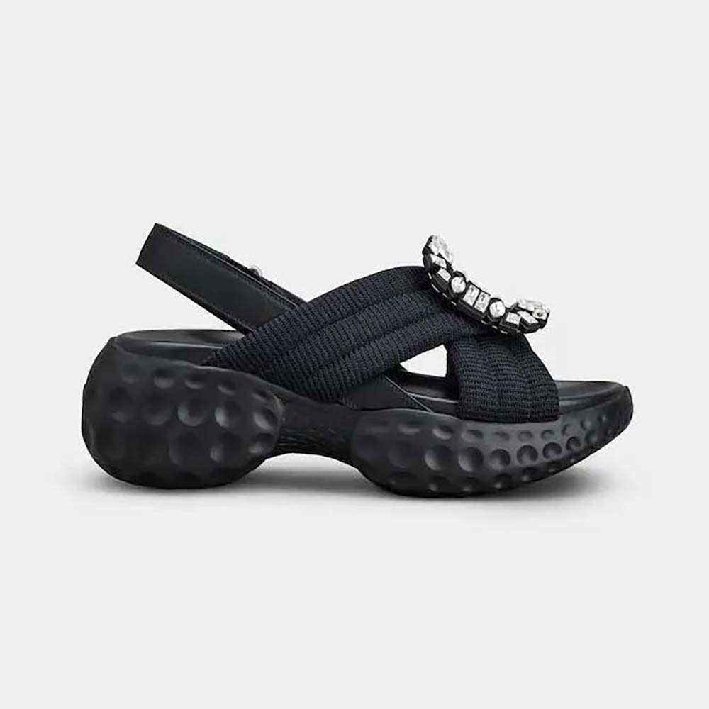 Roger Vivier Women Viv’ Run Light Strass Buckle Sandals in Fabric-Black