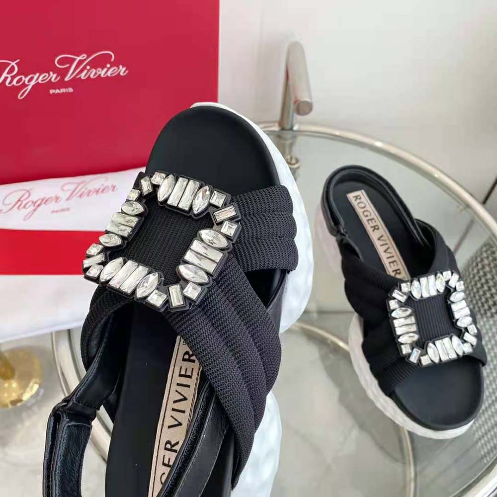 Roger Vivier Women Viv’ Run Light Strass Buckle Sandals in Fabric-Black - image 8