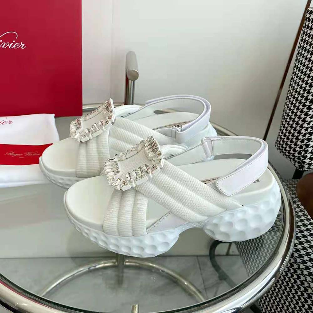 Roger Vivier Women Viv’ Run Light Strass Buckle Sandals in Fabric-White - image 4