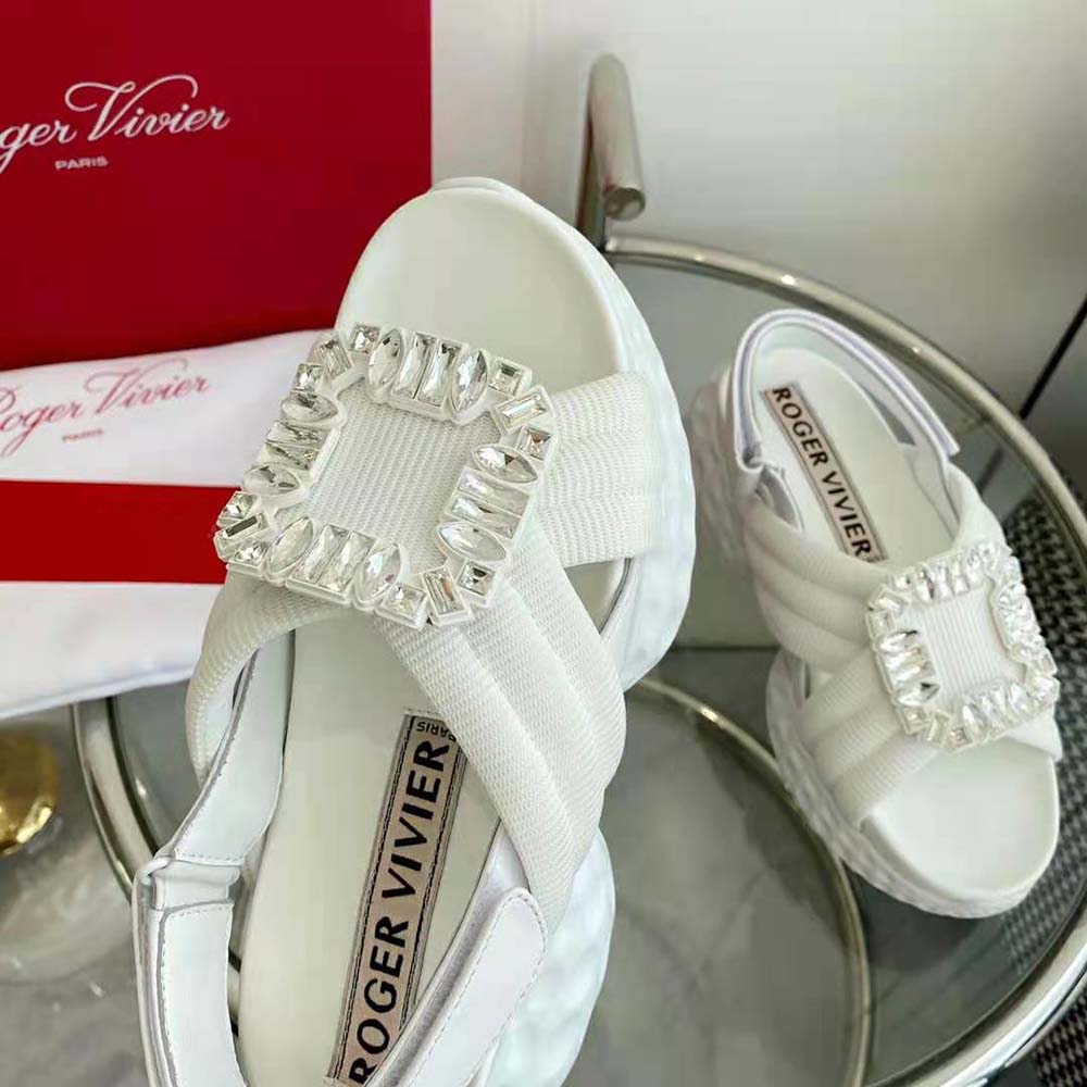Roger Vivier Women Viv’ Run Light Strass Buckle Sandals in Fabric-White - image 7