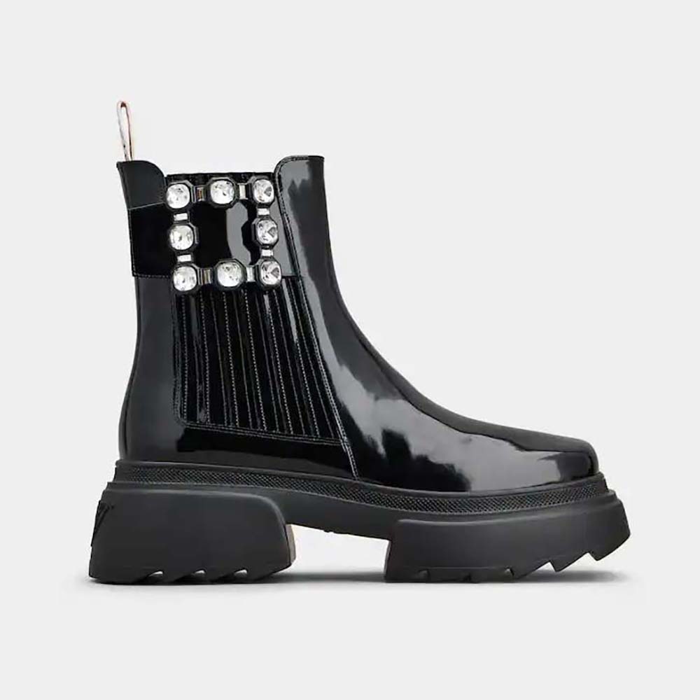 Side angle view of Roger Vivier Women Wallaviv Strass Buckle Chelsea Ankle Boots in Patent Leather