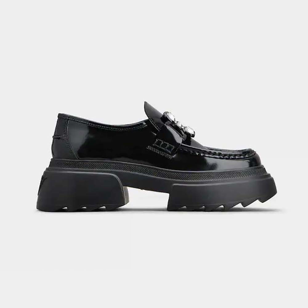 Side view of Roger Vivier Women Wallaviv Strass Buckle Loafers in black patent leather