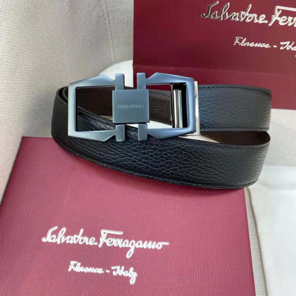 Close-up of silver-tone Gancini buckle on Salvatore Ferragamo reversible belt