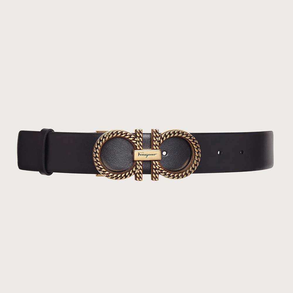 Front view of Salvatore Ferragamo Unisex Adjustable Gancini Belt with silver buckle