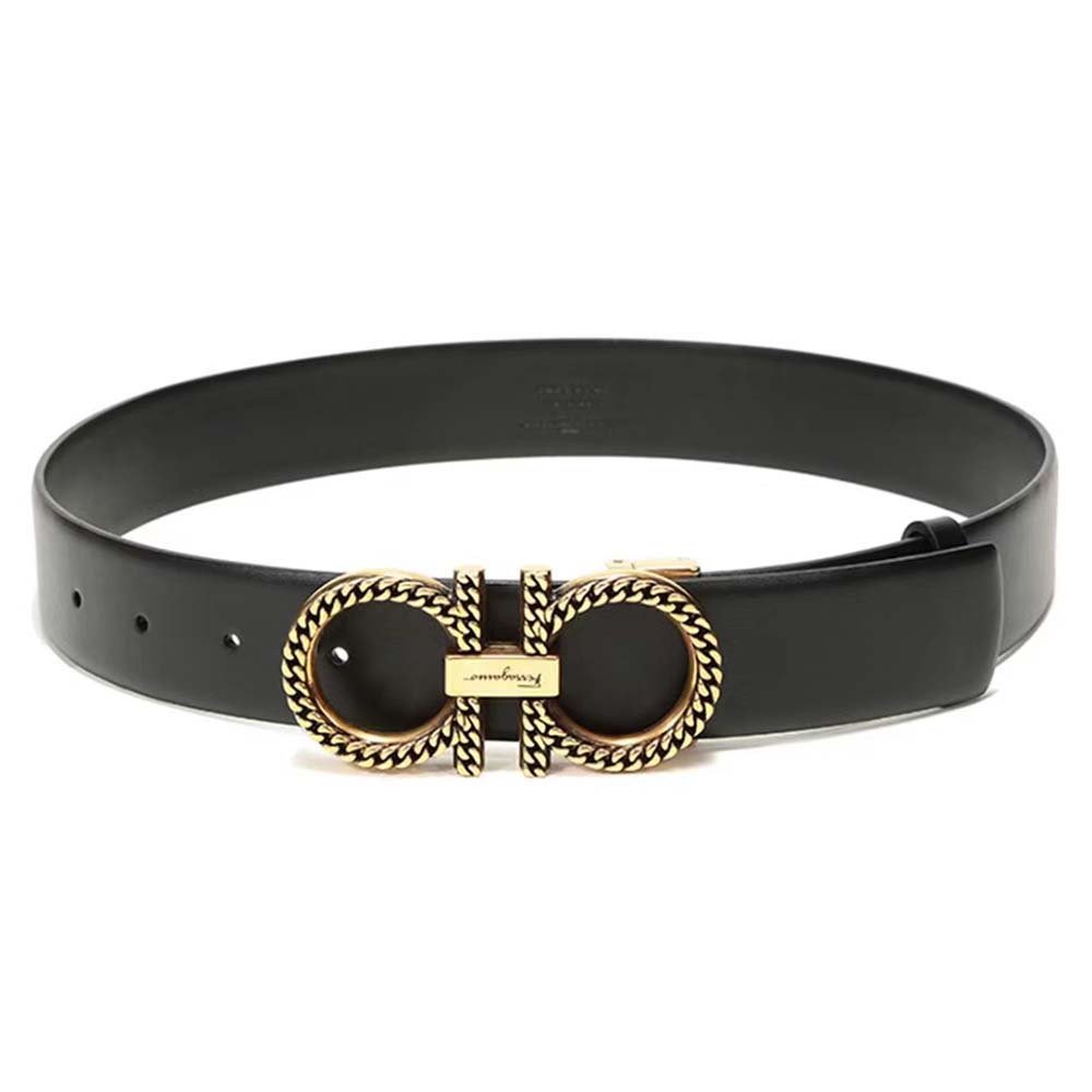Close-up of signature Gancini buckle on Salvatore Ferragamo belt