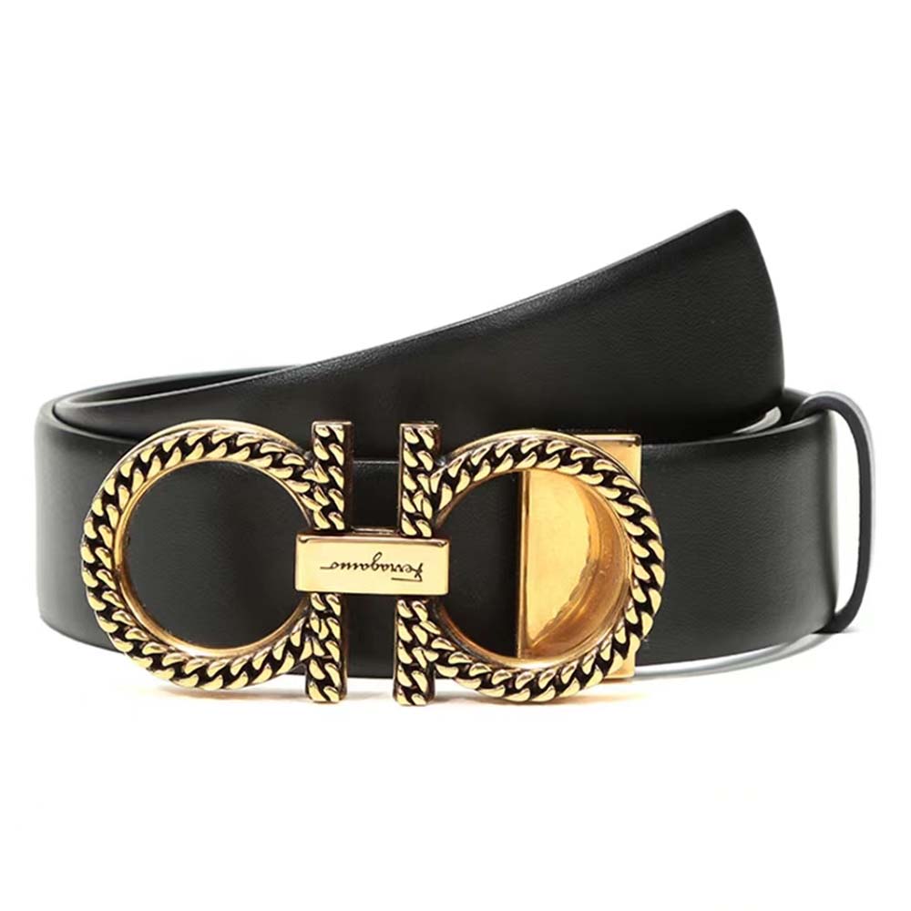 Side angle showing black leather and adjustable holes on Gancini Belt