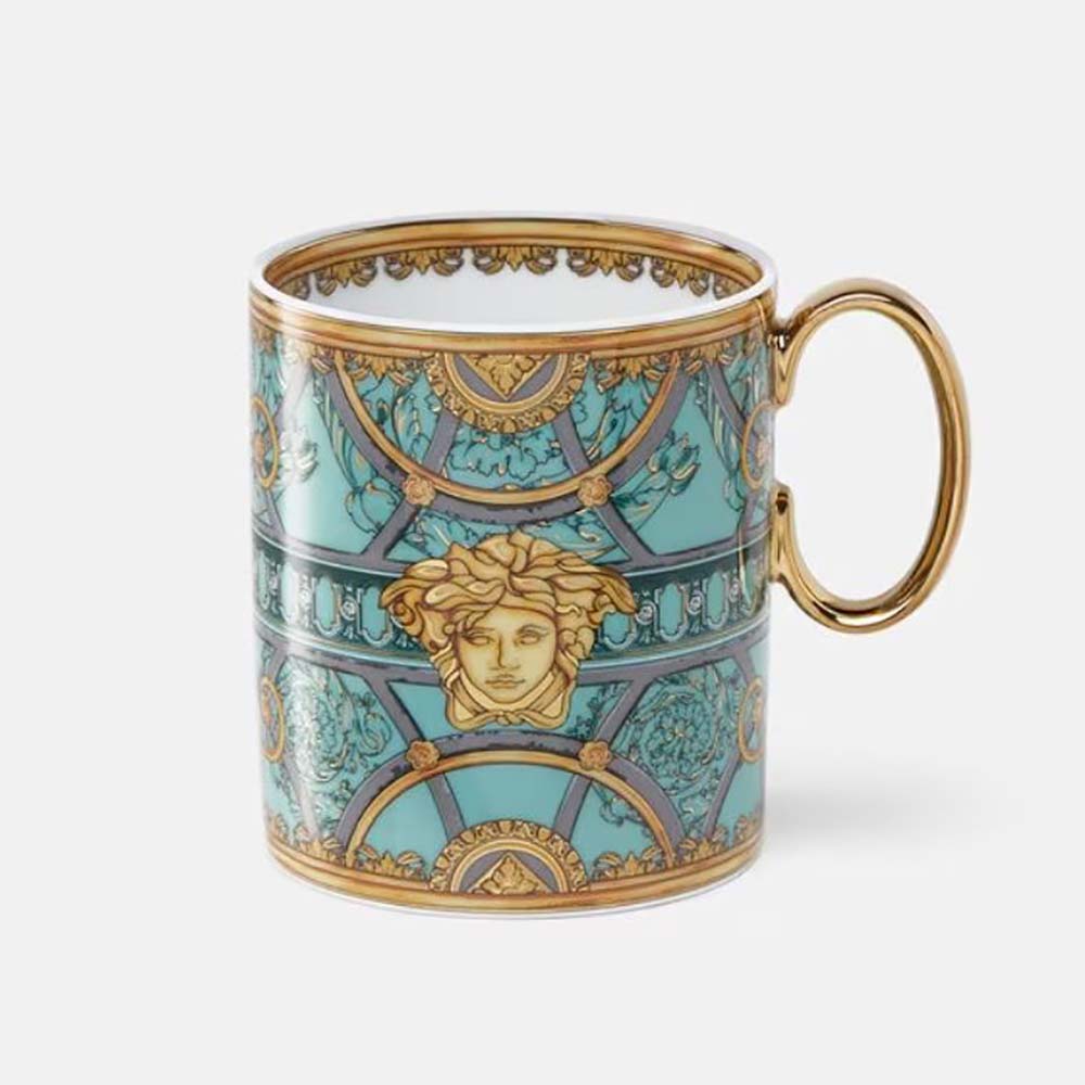 Front view of Versace Unisex Scala Del Palazzo Verde Mug-Blue with handle
