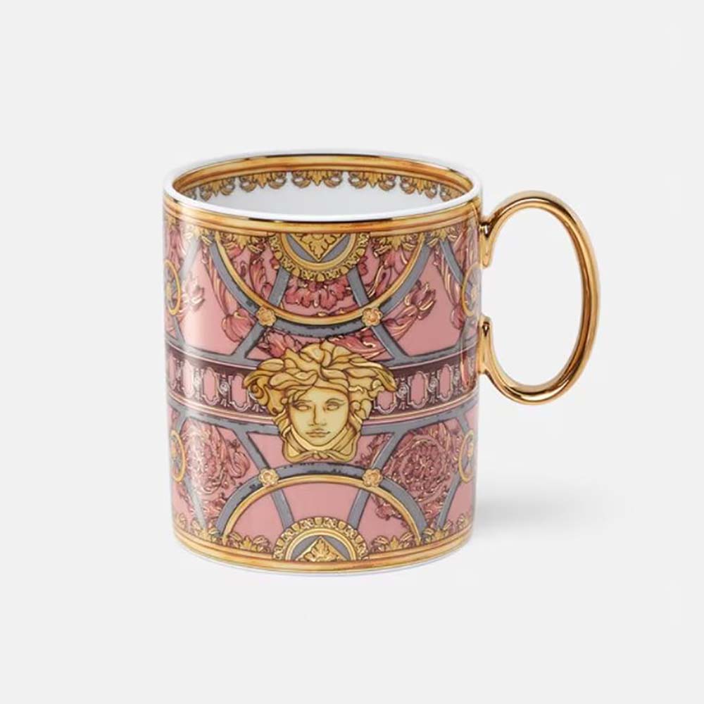 Side angle of Versace Unisex Scala Del Palazzo Verde Mug-Pink showing handle
