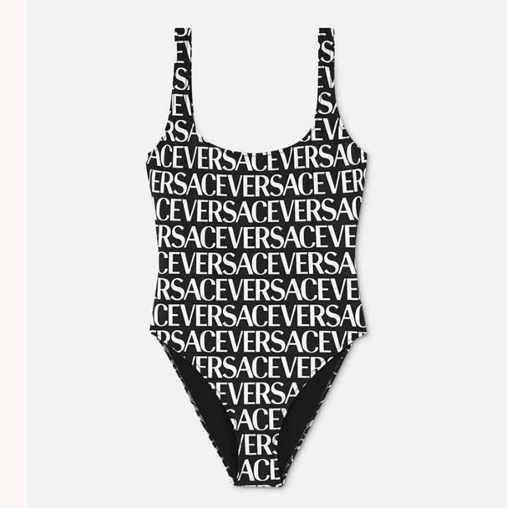 Front view of Versace Women Allover One-piece Swimsuit-Black with Medusa detail