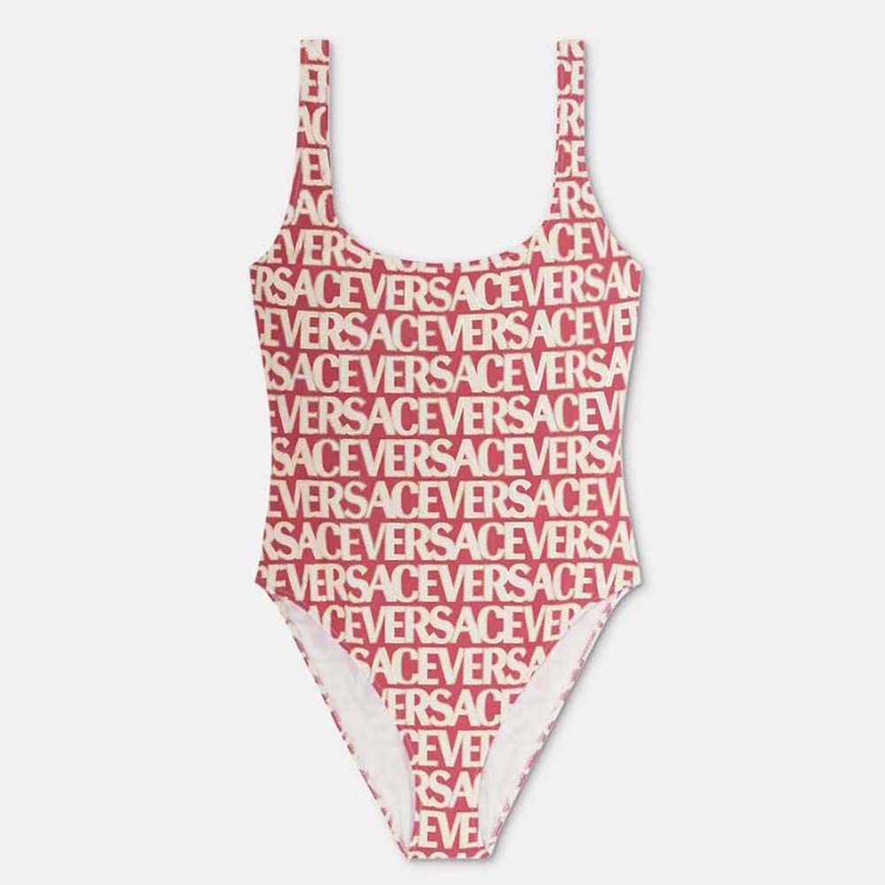 Front view of Versace Women Allover One-piece Swimsuit-Red with Medusa print